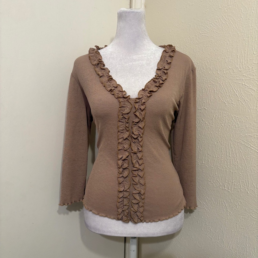 Vtg 90s Vneck Stretchy Formfitting Tan Ruffle 3/4 Sleeve Top Size L Fairy Grunge